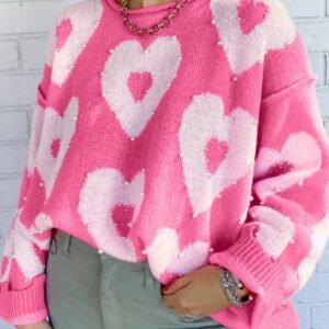 Bonbon Pearl Beaded Heart Drop Shoulder Sweater
