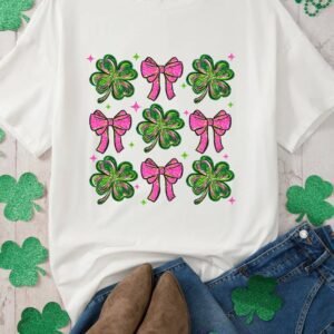 White St Patrick Shamrock Bowknot Printed Crewneck Tee
