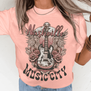 Pink Nashville Music City Guitar Graphic Crewneck Tee