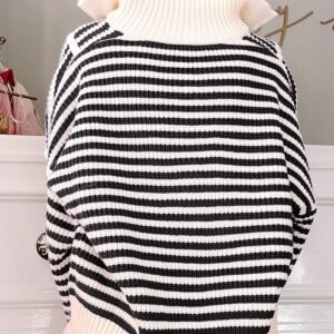 Black Stripe Zip Up Collar Drop Shoulder Sweater