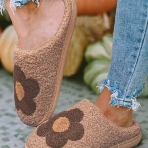 Camel Fuzzy Flower Pattern Homewear Slippers
