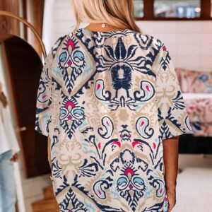 White Abstract Printed Notched V Neck Split Half Sleeve Blouse