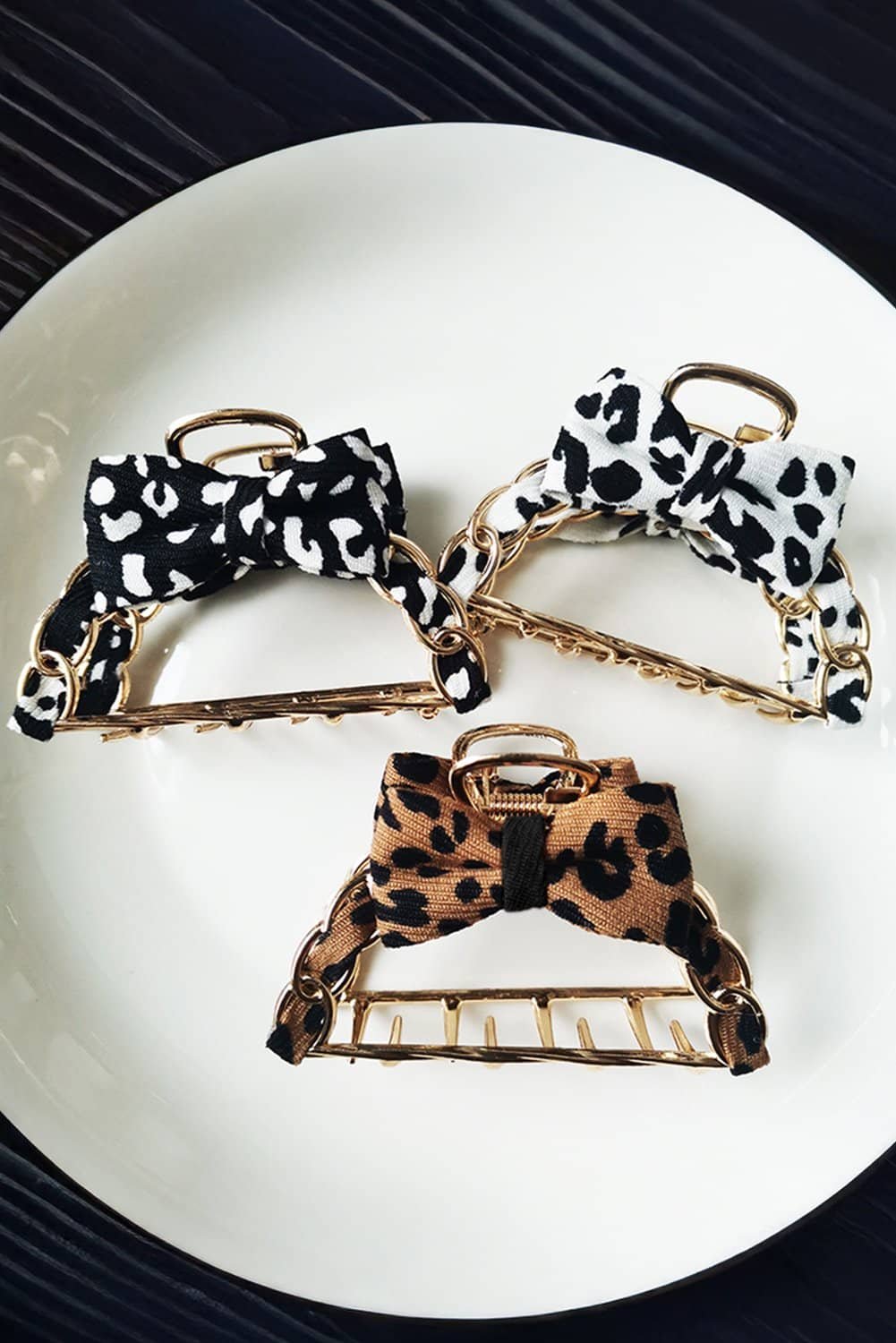 Camel Leopard Print Bow Decor Alloy Hair Claw Clip