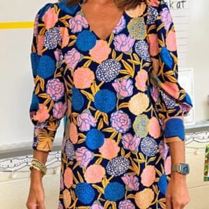 Navy Blue Hydrangea Floral Print Bishop Sleeve V Neck Shift Dress