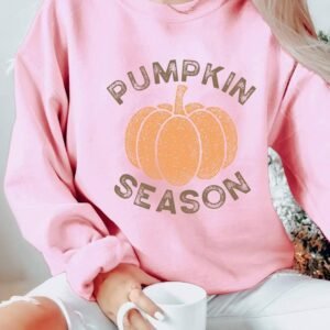 Pink Pumpkin Season Crew Neck Drop Shoulder Sweatshirt