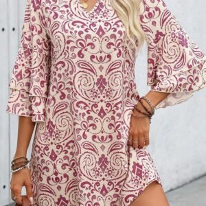Pink Paisley Print Tiered 3/4 Sleeve Notched Neck Mini Dress