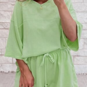 Meadow Mist Green Solid Loose V Neck Half Sleeve Tee And Shorts