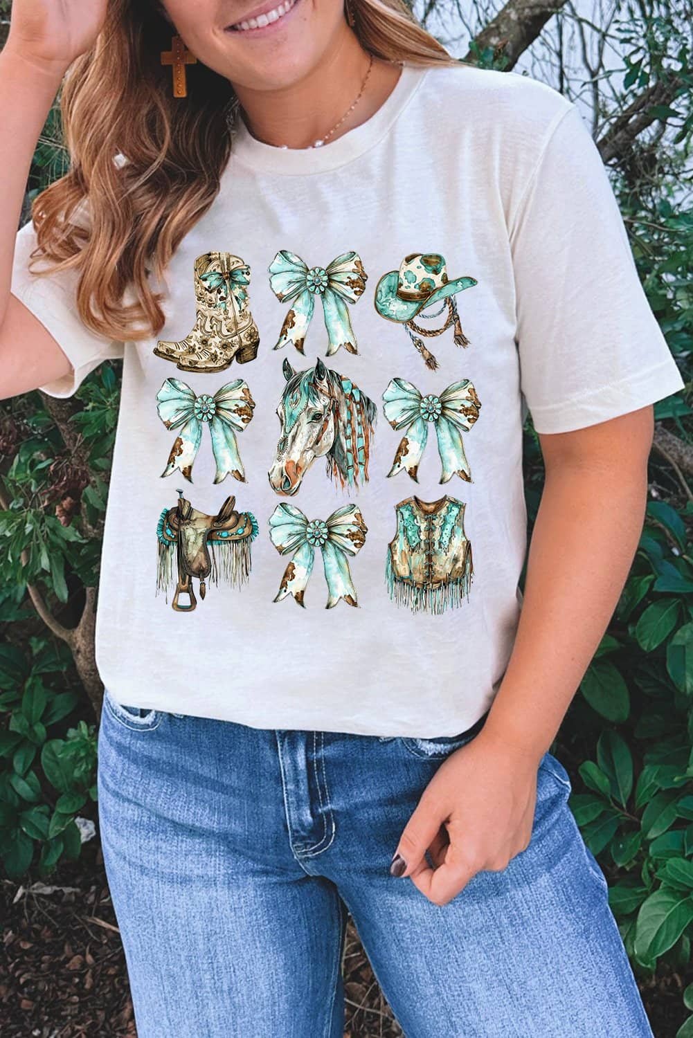 White Horse Bowknot Cowgirl Fashion Print Crewneck Tee