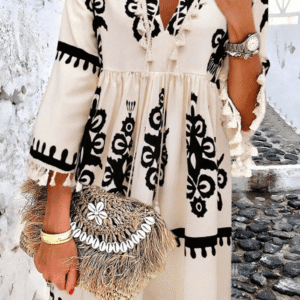 Beige Western Pattern Print Tasseled Notch V Neck Mini Dress