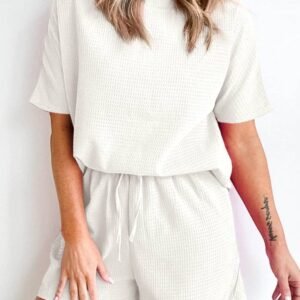 White Casual Textured Tee And Drawstring Shorts Set