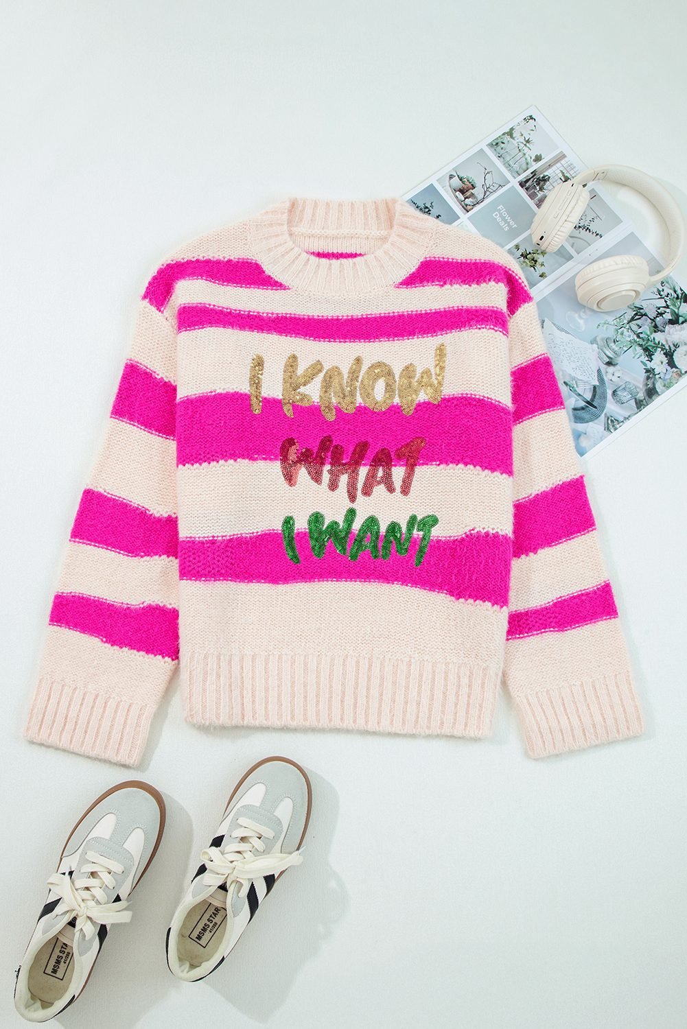 Rose Red I Know Waht I Wat Sequin Letter Graphic Colorblock Loose Sweater
