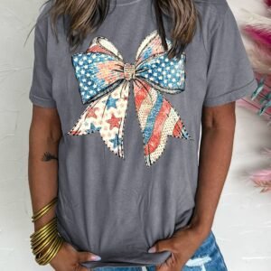 Gray Us Flag Bow Print Round Neck Loose T Shirt