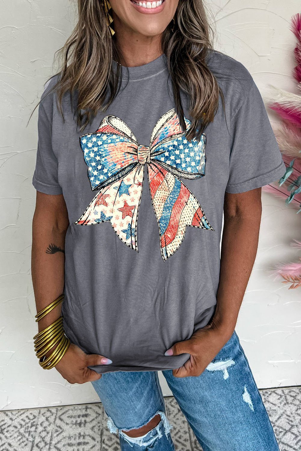 Gray Us Flag Bow Print Round Neck Loose T Shirt