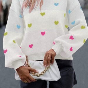 Multicolour Heart Pattern Colorblock Knit High Neck Baggy Sweater