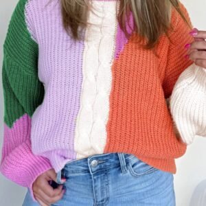 Desert Gold Color Block Textured Knit Drop Shoulder Loose Fit Sweater