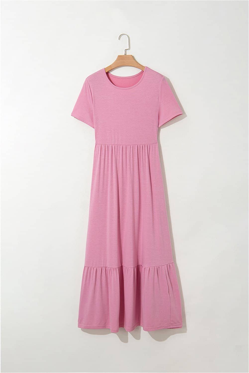 Pink Solid Color T-Shirt High Waist Pocketed Long Dress
