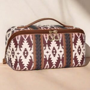 Light French Beige Geometric Braided Print Makeup Bag With Handle