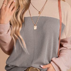 Multicolor Color Block Long Sleeve Ribbed Loose Top