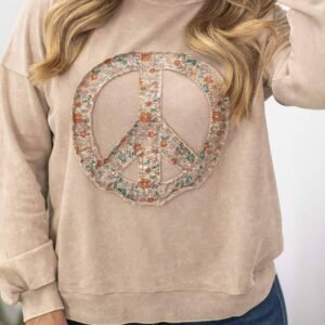 Pale Khaki Floral Peace Sign Graphic Washed Terry Plus Size Sweatshirt