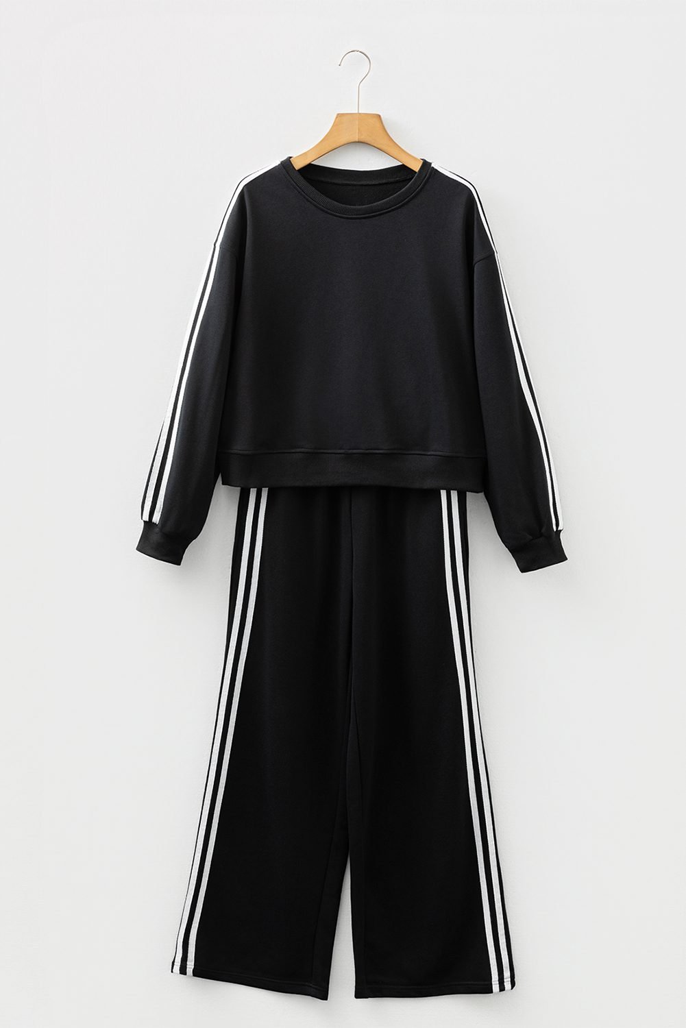 Black Varsity Striped Detail Crewneck Pullover Elastic Sweatpants 2Pcs Outfit