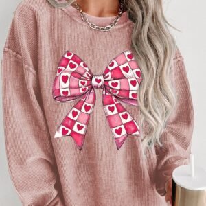 Pink Valentines Heart Checkered Bow Pattern Corded Baggy Sweatshirt