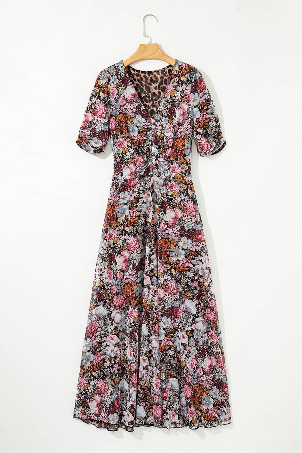 Brown Mesh Leopard Floral Reversible V Neck Short Sleeve Dress