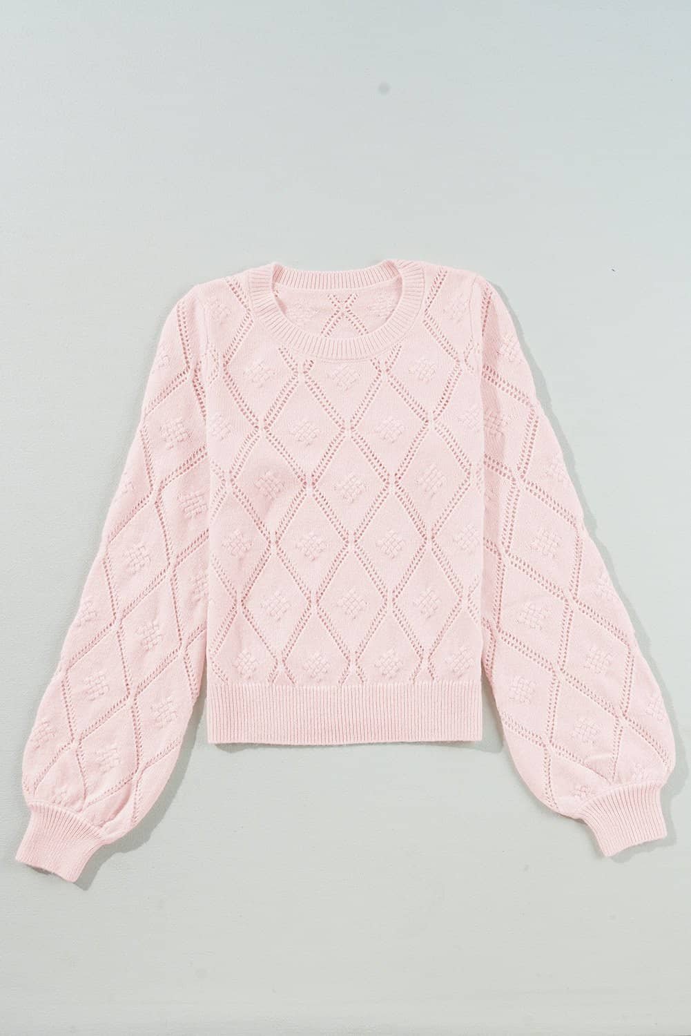 Gossamer Pink Openwork Plaid Puff Sleeve Cropped Sweater