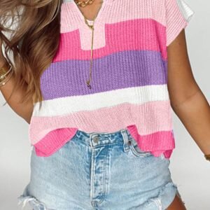 Pink Color Block Notch V Neck Sweater T Shirt