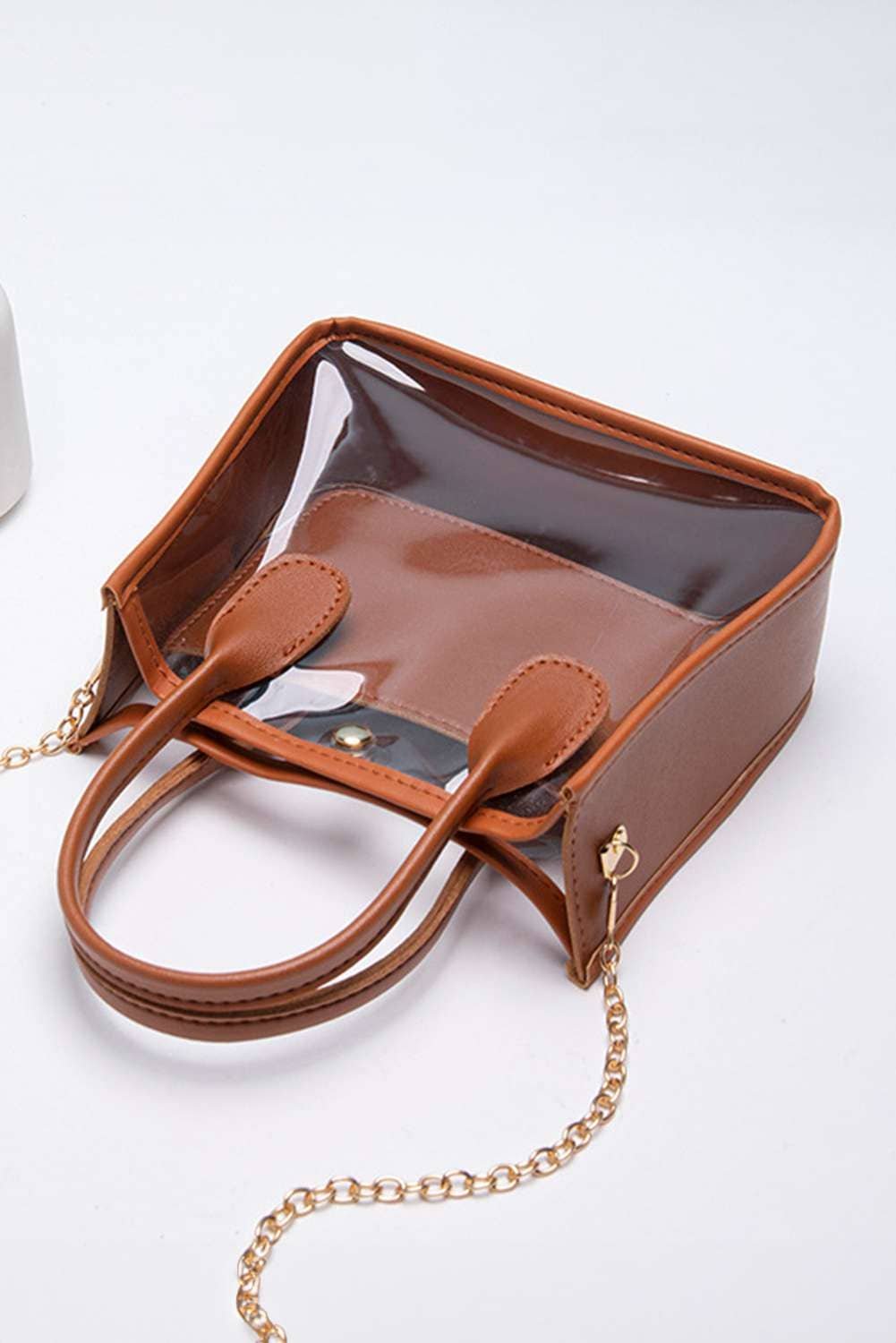 Chestnut Pvc Pu Leather Patchwork Chain Strap Shoulder Bag