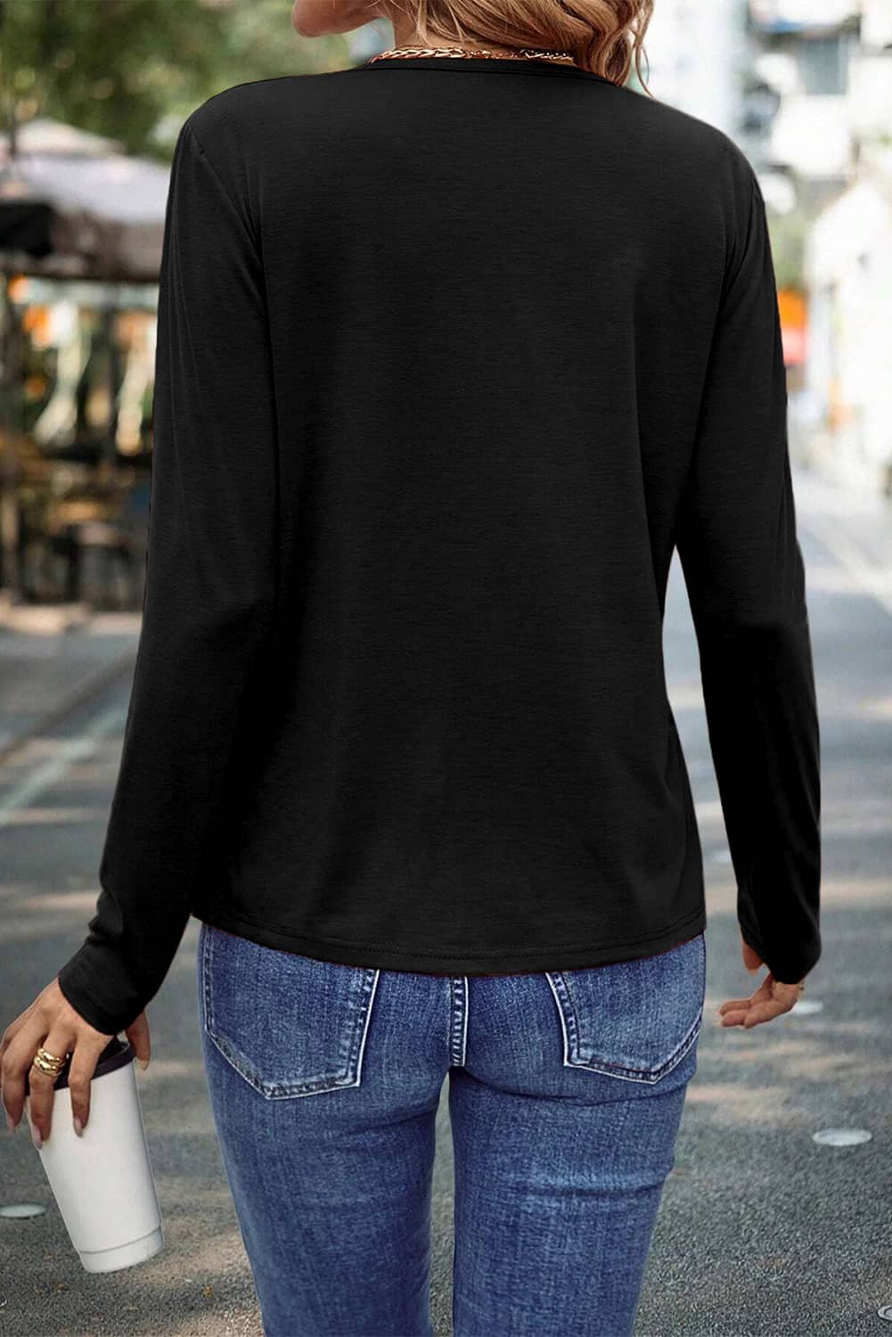 Black Asymmetric Seam Detail Solid Color Long Sleeve Top