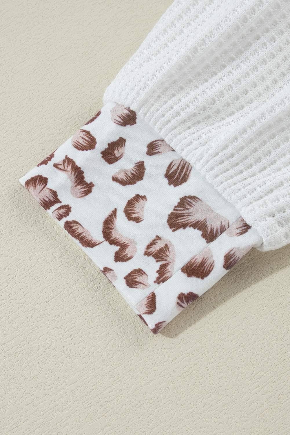 White Leopard Patchwork Turn-Down Collar Waffle Top