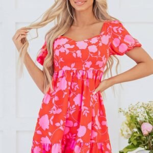Red Floral Bubble Sleeve Sweetheart Neck Ruffled Mini Dress