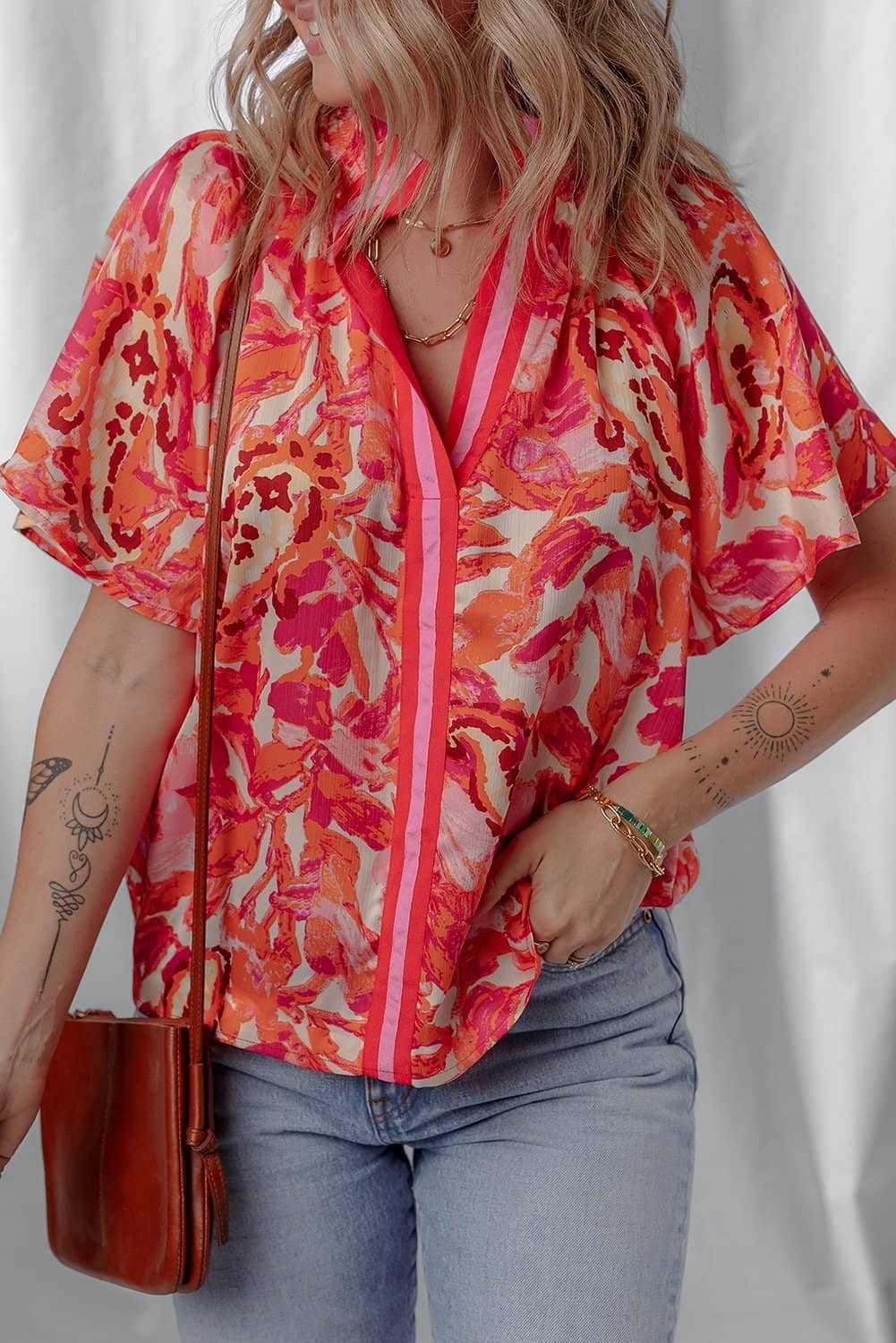 Rose Abstract Print Striped Trim Split Neck Blouse