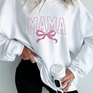 White Mama Bowknot Embroidered Ribbed Pullover Sweatshirt