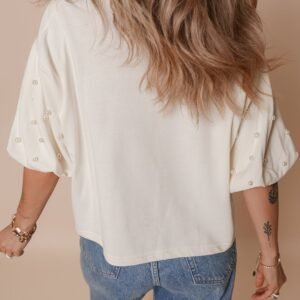 White America Est 1776 Embroidered Pearl Beaded Sleeve T Shirt