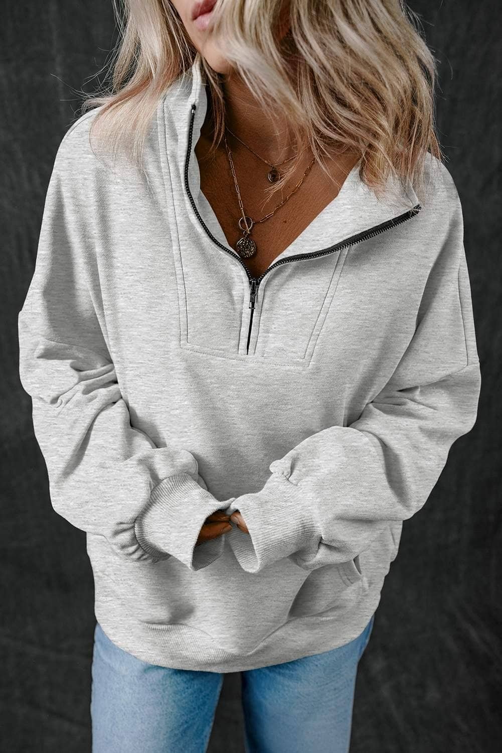 Light Grey Zip-Up Stand Neck Kangaroo Pocket Sweatshirt