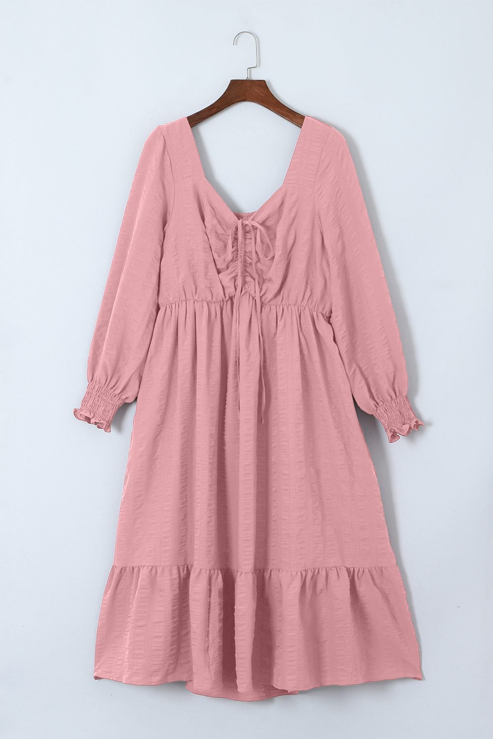 Pink Lace-Up Ruched Front Long Sleeve Ruffle Hem Plus Size Midi Dress