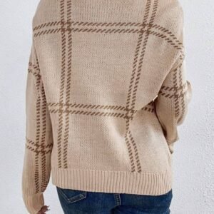 Khaki Plaid Pattern Knitted Drop Shoulder Sweater