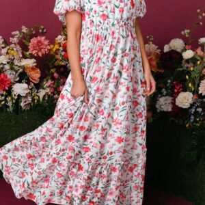 Pink Floral Puff Sleeve Square Neck Empire Waist Tiered Maxi Dress