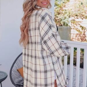 White Oversized Plaid Pattern Shacket With Slits