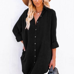 Black Corduroy Shirt Style Full Button Long Sleeve Shift Mini Dress