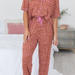 Brown Leopard Print Short Sleeve Shirt And Pants Pajamas Set