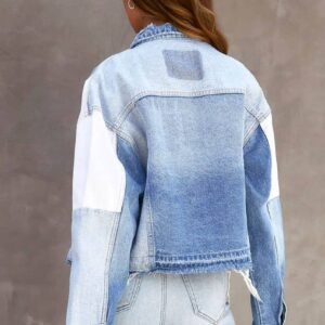 Sky Blue Color Block Denim Patchwork Frayed Hem Jacket