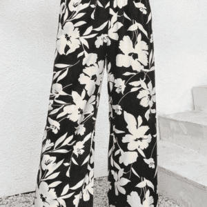 Black Floral Print Smocked High Waist Wide Leg Pants