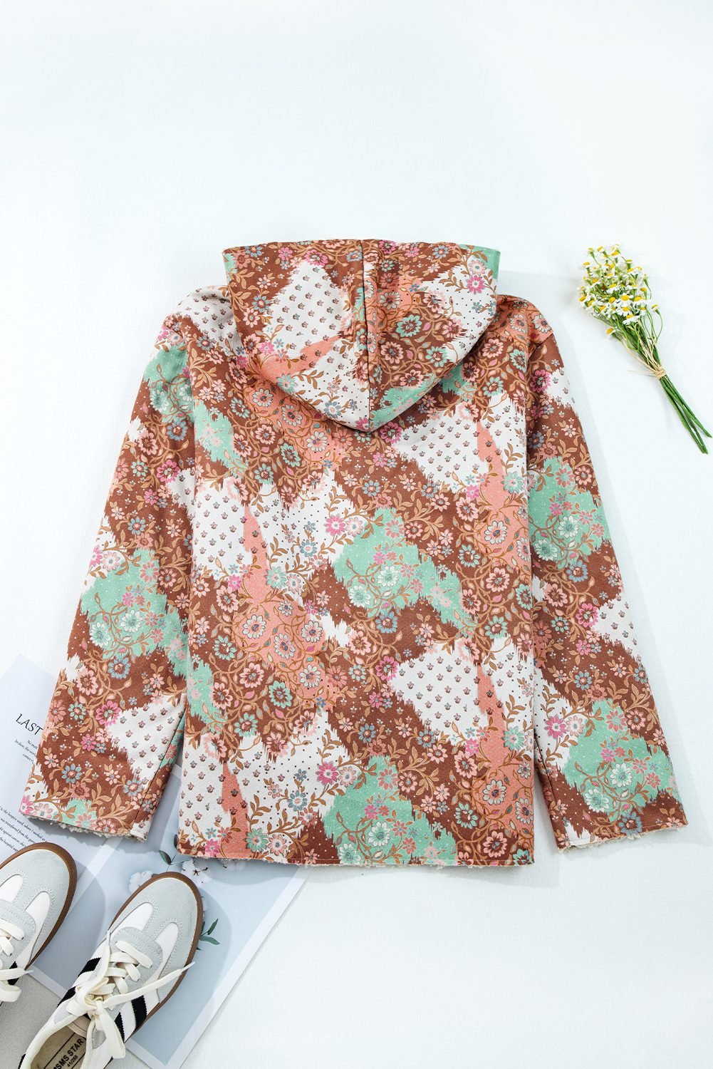 Khaki Vintage Floral Printed Sherpa Lined Hooded Jacket