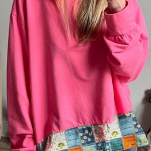 Strawberry Pink Floral Hemline Patchwork Round Neck Casual Top