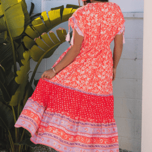 Red Floral Print Tasseled Tied Sleeve Empire Waist Maxi Dress