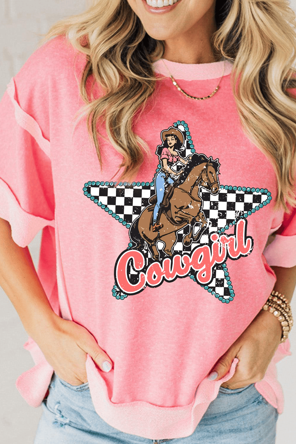 Peach Blossom Cowgirl Checkered Star Shape Print Exposed Seam T Shirt