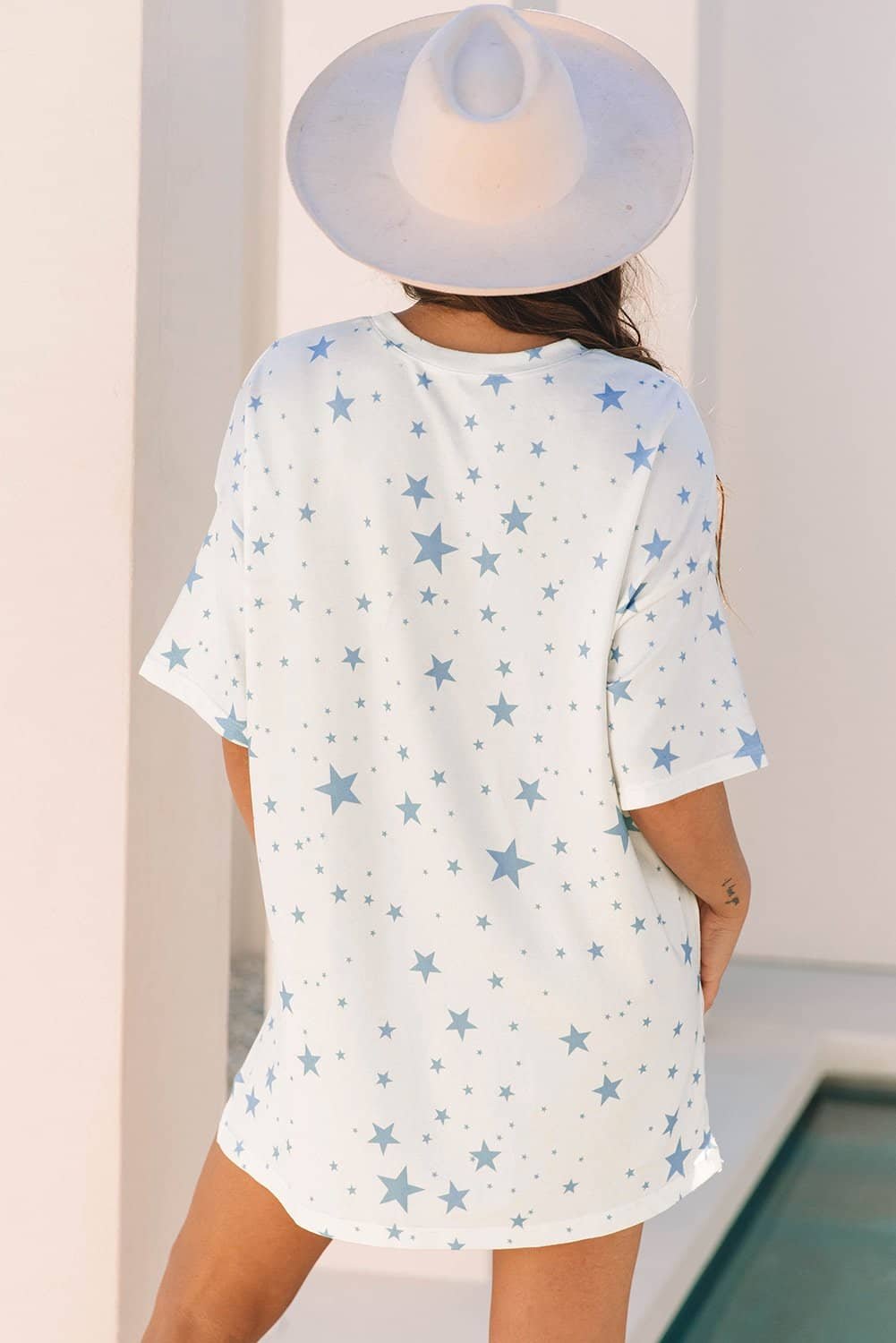 Sky Blue Stars Print Drop Shoulder Oversized T Shirt With Slits