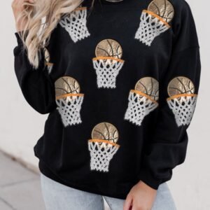 Black Basketball Patched Game Day Crew Neck Graphic Sweatshirt